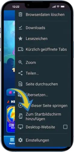Lucky Pharaoh Browser Menü auf Android öffnen