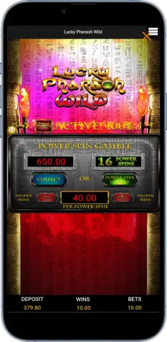 Lucky Pharaoh Power Spin Feature im mobilen Slot Interface