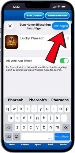 Lucky Pharaoh Shortcut auf iOS mit Hinzufügen bestätigen