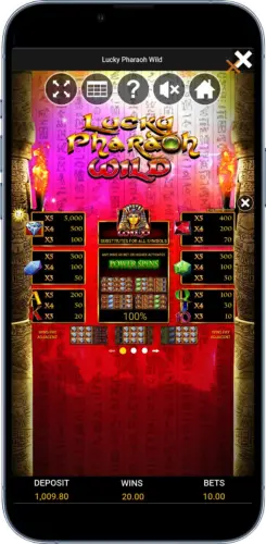 Lucky Pharaoh Slot Auszahlungstabelle und Spielmenü auf dem Handy