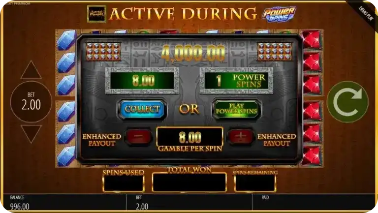 Funzione Power Spins Lucky Pharaoh scelta tra incassare o giri bonus